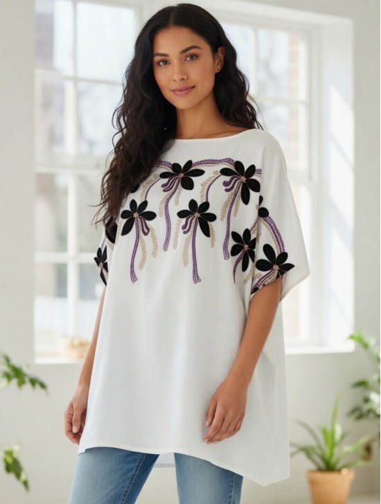 Stitched Flower Design Fashion Flowy Top